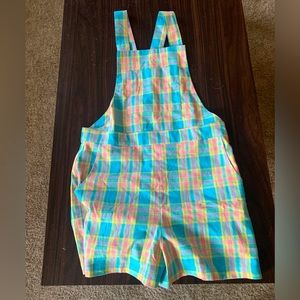 Pastel plaid overall shorts